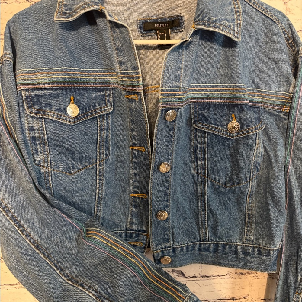 Forever 21 Denim Jacket with Multicolor Stitching Size S